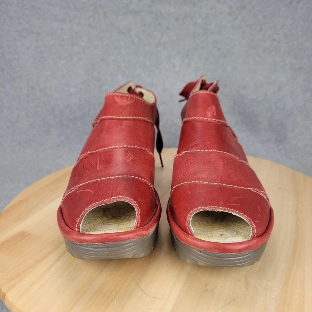 Fly London Yown Red Leather Lace Up Peep‎ Toe Wedge Sandals Portugal 42 US 11.5